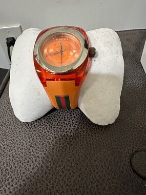 Gucci Orange and Red Resin Mens Watch with Green Stripe